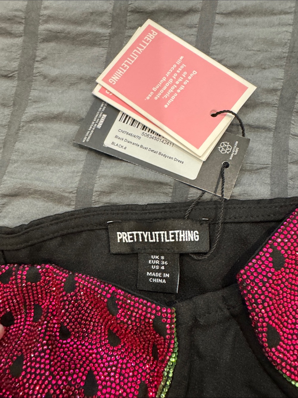 PrettyLittleThing Black Mini Dress with Pink Sequin Watermelon Cups - Picture 3 of 3